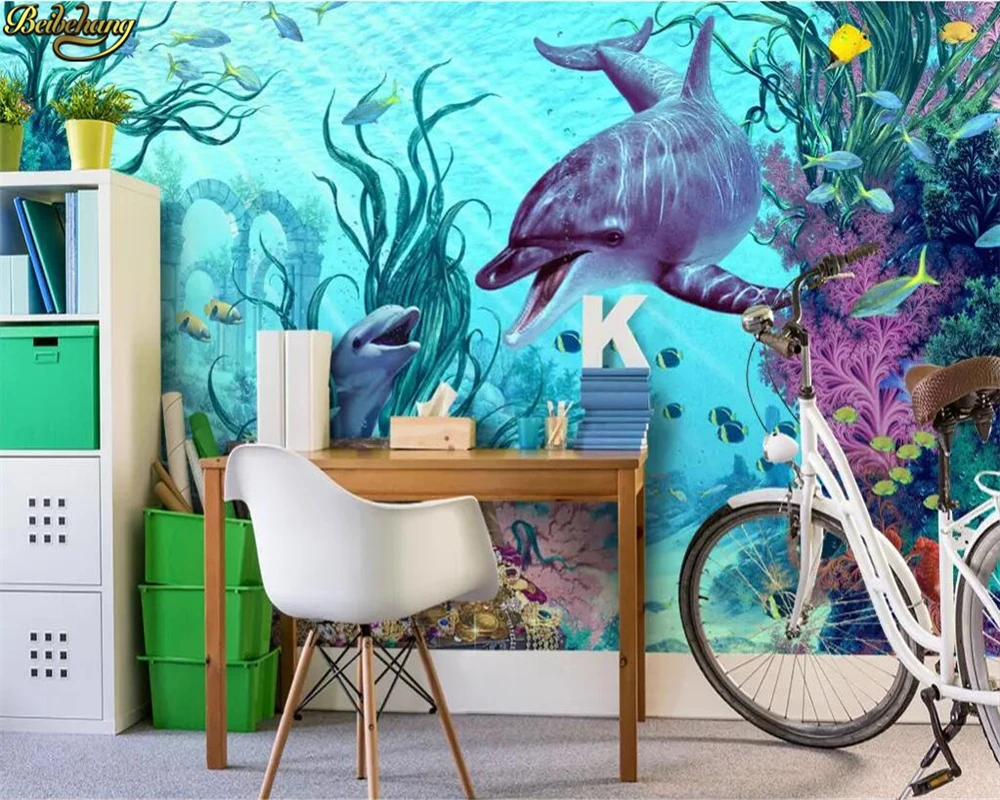 Пользовательские фотообои beibehang большие фрески синий подводный мир морские водоросли золотые и серебряные украшения дельфины детская комната0