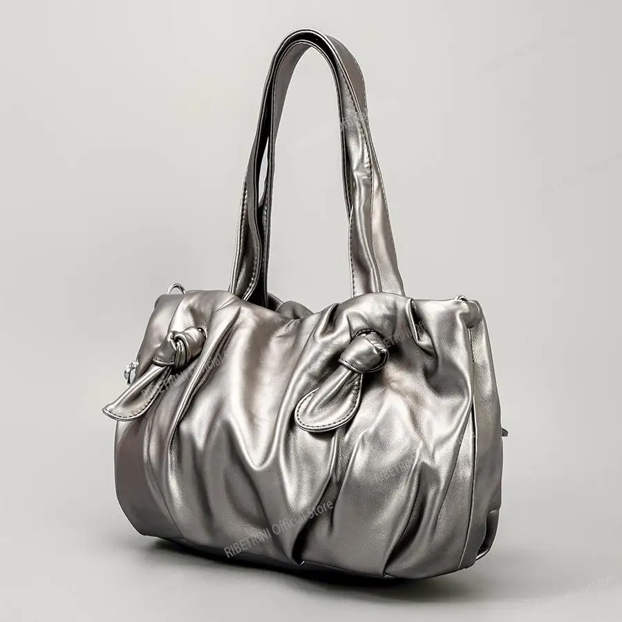 Кошелек RIBETRINI серебристо-серого металлического цвета, мягкая сумка большой емкости, завязка с бантиком0