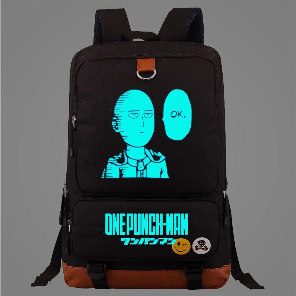 Аниме One Punch Man Рюкзак для ноутбука, сумка для книг, дорожная сумка Mochila, светящаяся в темноте, со значком0
