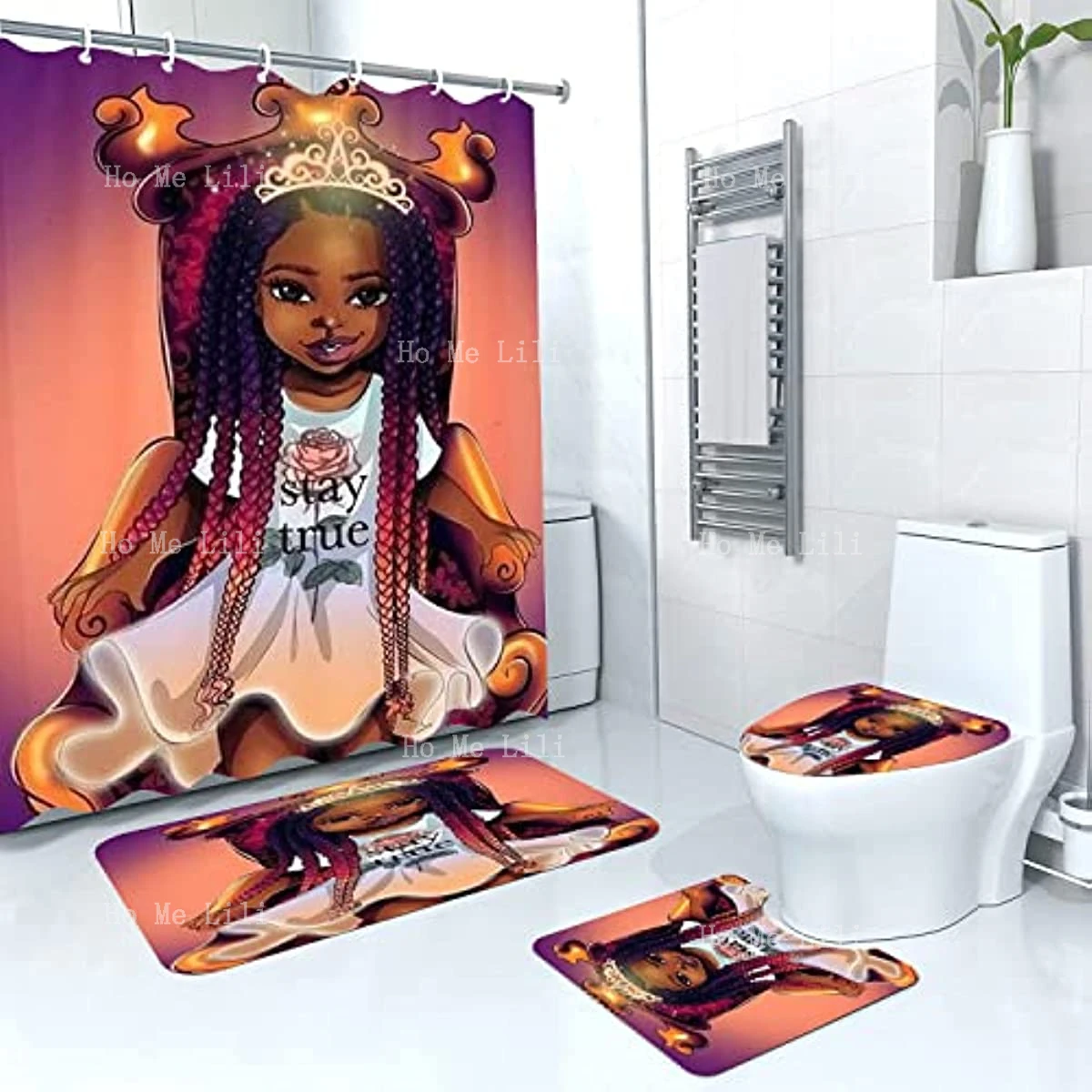 Наборы занавесок для душа в ванной комнате для девочек в африканском стиле, Черные Дети, сидящие на стуле С ковриками, крышка унитаза, коврик для ванной0