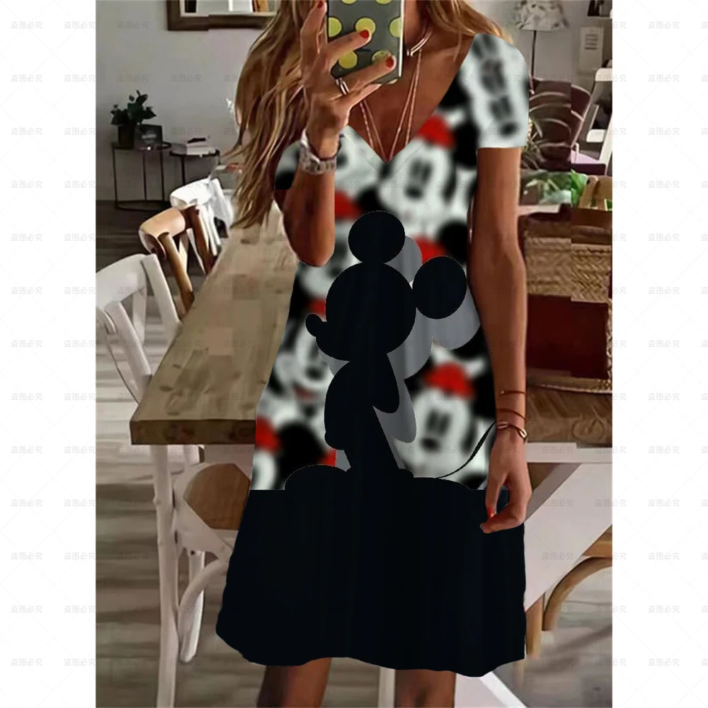 С коротким рукавом и V-образным вырезом, свободное повседневное Летнее женское платье трапециевидной формы с винтажным принтом, женское модное платье с буквенным принтом Диснея с Микки.0