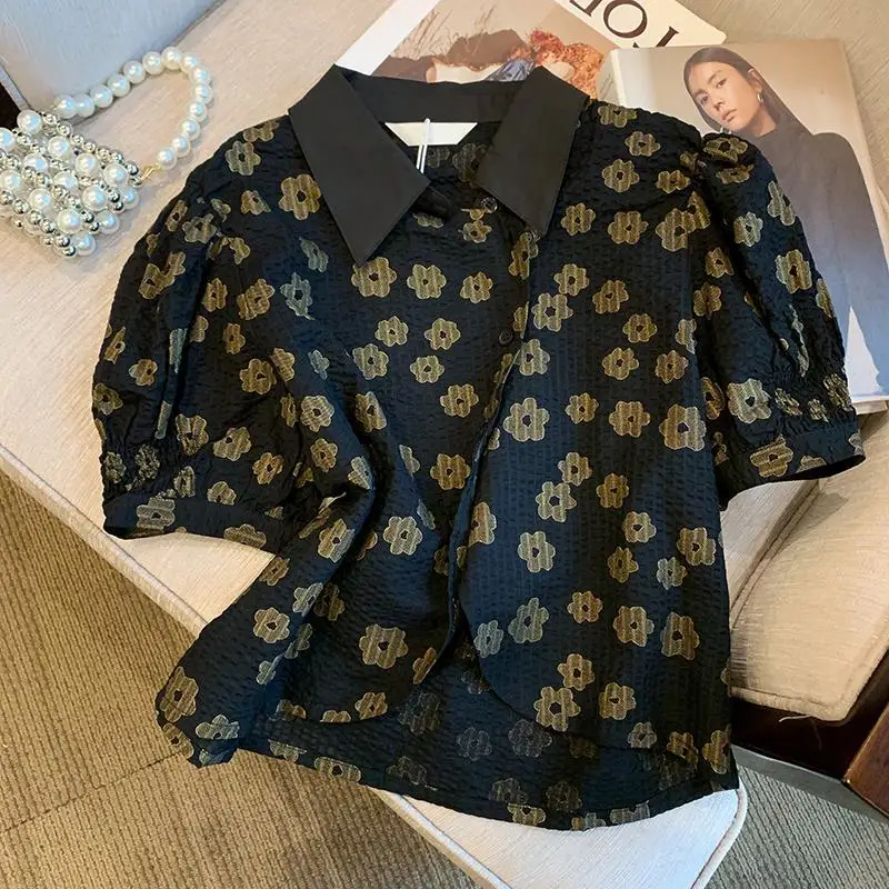 Короткая рубашка-чонсам из жаккардовой ткани с пузырчатым рукавом и дугообразным подолом blusas mujer blusas рубашки и блузки0