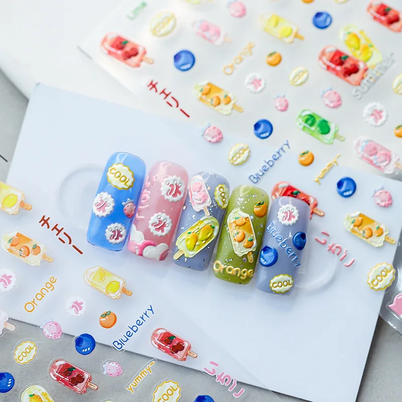 Свежее Летнее эскимо, Милые 5D Мягкие рельефы, самоклеящиеся наклейки для дизайна ногтей, Клубника, Арбуз, Фрукты, 3D Наклейки для ногтей0