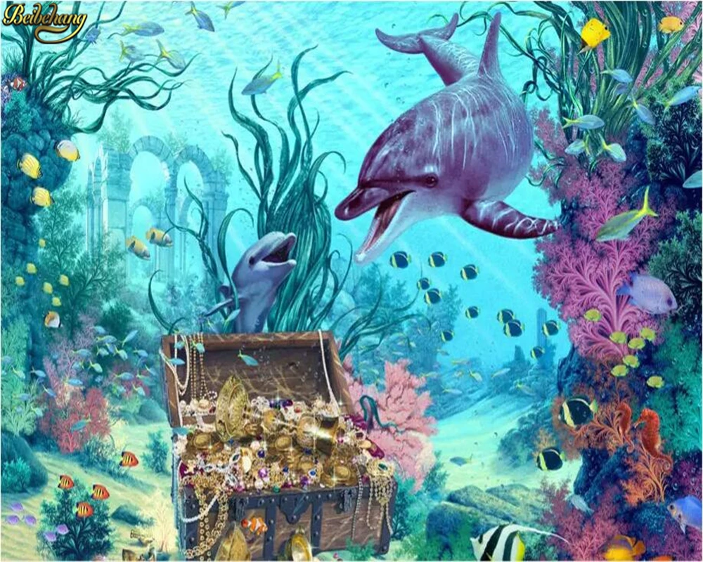 Пользовательские фотообои beibehang большие фрески синий подводный мир морские водоросли золотые и серебряные украшения дельфины детская комната1