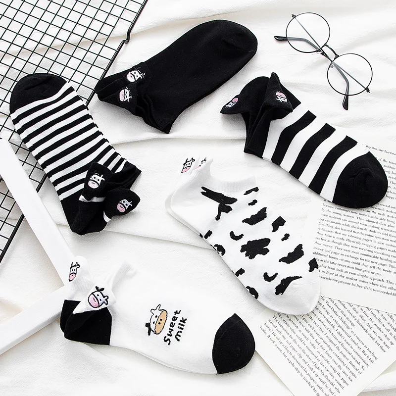 Короткие женские носки с милым коровьим принтом, весна-лето, мягкие хлопковые женские носки в молочную полоску белого и черного цвета1