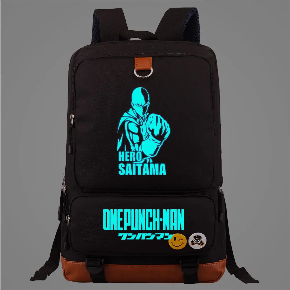 Аниме One Punch Man Рюкзак для ноутбука, сумка для книг, дорожная сумка Mochila, светящаяся в темноте, со значком1
