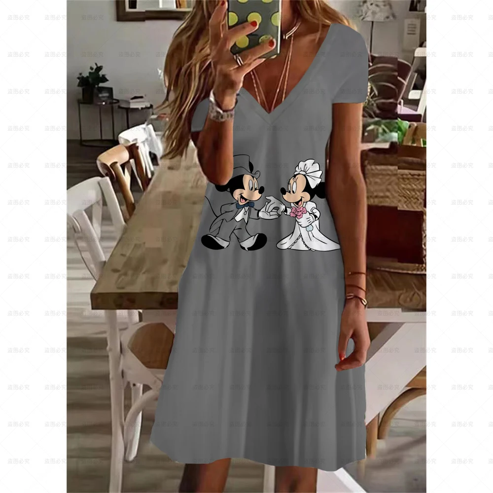 С коротким рукавом и V-образным вырезом, свободное повседневное Летнее женское платье трапециевидной формы с винтажным принтом, женское модное платье с буквенным принтом Диснея с Микки.1