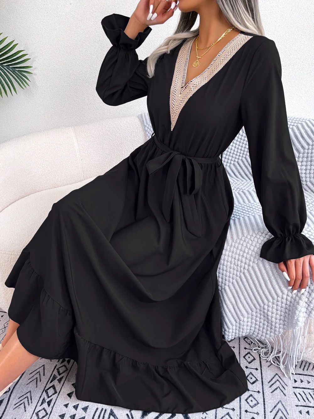 Офисное женское платье, черное, удобное, на шнуровке, однотонное, элегантное, для официальной работы, с длинным рукавом, V-образным вырезом, трапециевидной формы, с высокой талией, с оборками, платье1