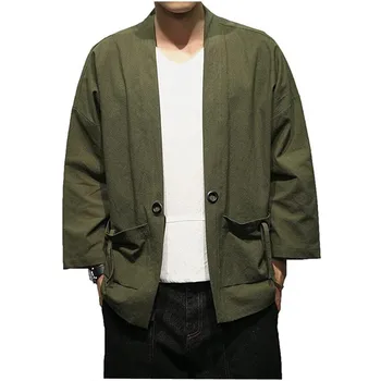 2023 Летние мужские куртки-кимоно из смесового хлопка и льна с открытой передней частью