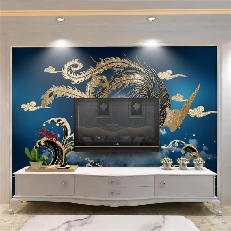 Изготовленная на заказ фреска 3d новый китайский стиль золотой феникс ТВ фон стены гостиная спальня ресторан украшения живопись фотообои2