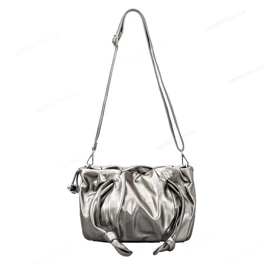 Кошелек RIBETRINI серебристо-серого металлического цвета, мягкая сумка большой емкости, завязка с бантиком2