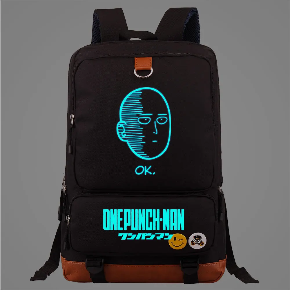 Аниме One Punch Man Рюкзак для ноутбука, сумка для книг, дорожная сумка Mochila, светящаяся в темноте, со значком2