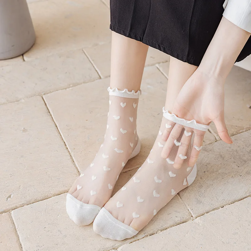 Невидимые носки в стиле Лолиты, женские летние кружевные носки, хрустальные шелковые носки в полоску JK, стеклянные Черно-белые прозрачные носки для дам2