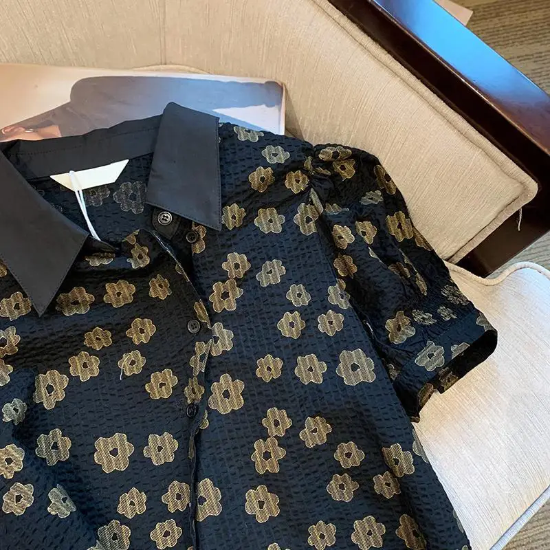 Короткая рубашка-чонсам из жаккардовой ткани с пузырчатым рукавом и дугообразным подолом blusas mujer blusas рубашки и блузки2
