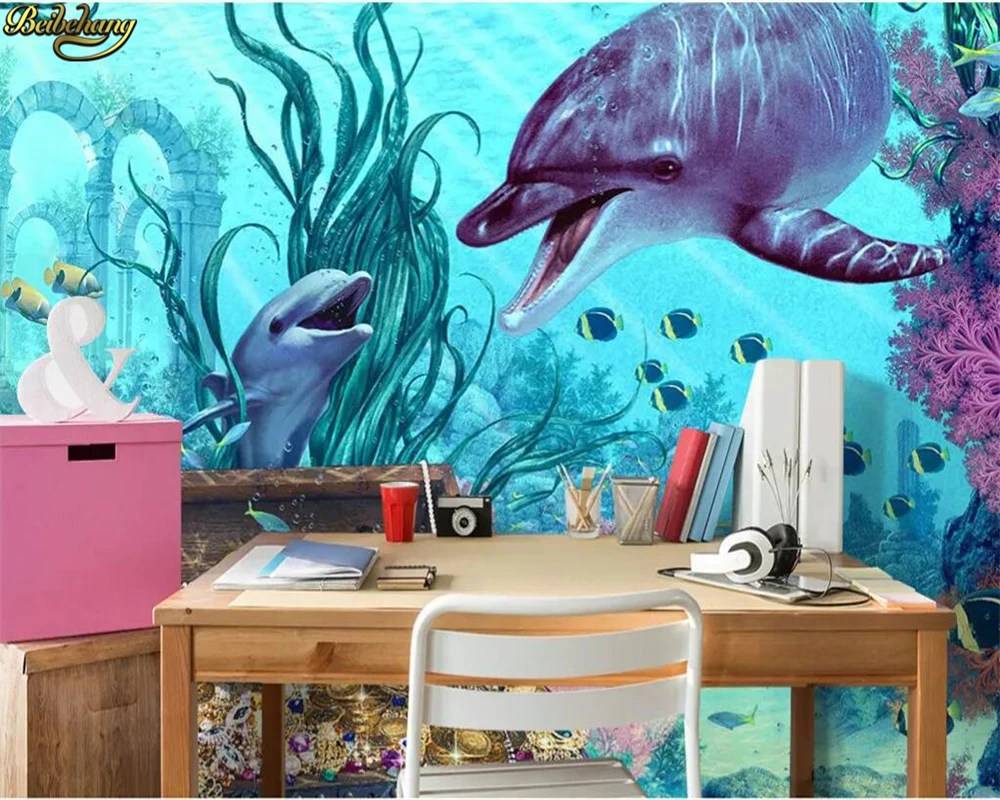 Пользовательские фотообои beibehang большие фрески синий подводный мир морские водоросли золотые и серебряные украшения дельфины детская комната3