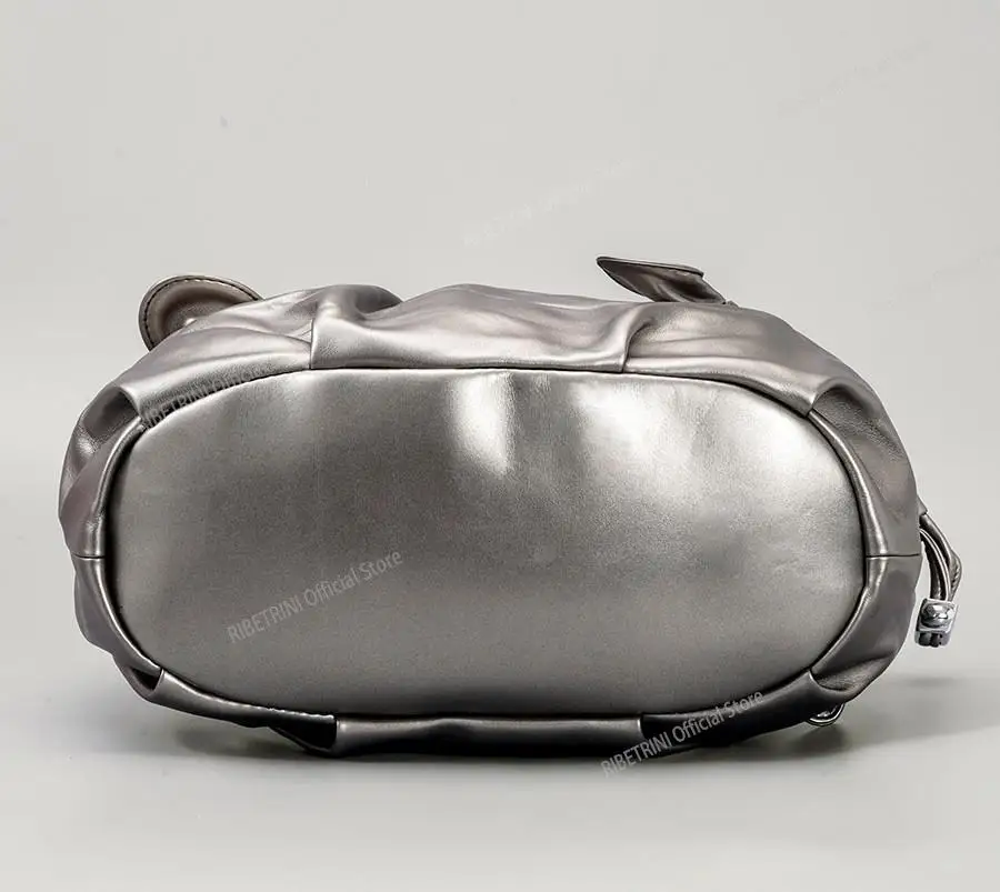 Кошелек RIBETRINI серебристо-серого металлического цвета, мягкая сумка большой емкости, завязка с бантиком3