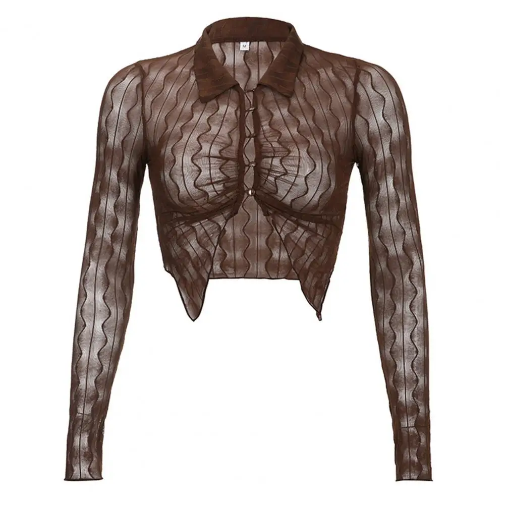 Сексуальный женский тонкий кардиган с отворотом, V-образный вырез, длинный рукав, волнистая текстура, пуговицы, застежка, блузка-кардиган, прозрачный укороченный топ4