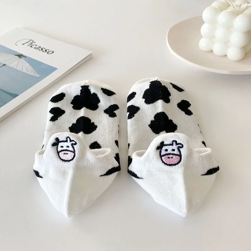 Короткие женские носки с милым коровьим принтом, весна-лето, мягкие хлопковые женские носки в молочную полоску белого и черного цвета4