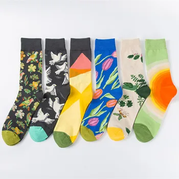 6 пар носков размера плюс модные цвета для мужчин и женщин пары носков личности цветов и эскиз серия птица носки оптом