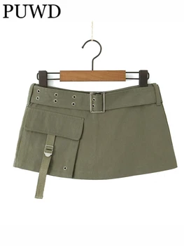 PUWD Повседневные женские Зеленые мини-шорты с поясом, юбки 2023, Летние винтажные с высокой талией И карманом, однотонные женские шикарные низы