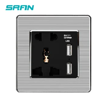 SRAN 5-контактная универсальная розетка питания, розетка с usb, двойной usb 5v 2A LED smart turn light панель из нержавеющей стали 86 мм * 86 мм