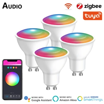 Tuya Zigbee Умная Светодиодная Лампа GU10 RGB C + W 5 Вт Лампы с регулируемой яркостью Smart Life APP Control LED Spot Light 110V 220V через Alexa Google Home