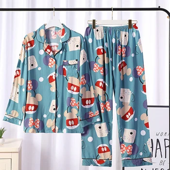 Весенне-осенний женский пижамный комплект, пижамы с принтом, рубашка, брюки, пижама с отворотом, хлопковая повседневная одежда для отдыха, комплект для сна, домашняя одежда
