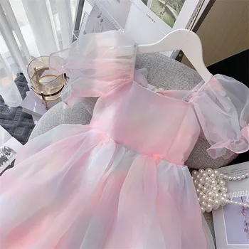 Детская одежда для свадебной вечеринки, кружевное радужное Детское бальное платье невесты, Летнее Милое платье принцессы для девочек с пышными рукавами A2663