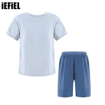 Детский пижамный комплект для мальчиков и девочек, пижамы унисекс, пижамная домашняя одежда, футболка с круглым вырезом и коротким рукавом, шорты с эластичным поясом