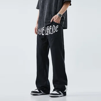 Джинсы с вышитыми буквами для мужчин с Хай-стрит, вертикальный стиль, прямая трубка, хулиганские Красивые джинсовые брюки уличной одежды в стиле ретро Харадзюку