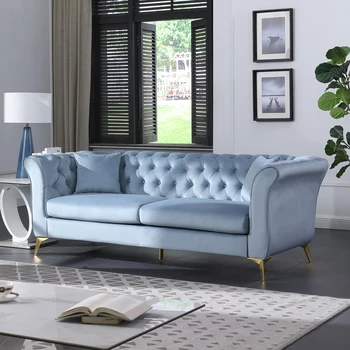 Диван Честерфилд Современный трехместный диван Бархатный диван для гостиной Классический диван на пуговицах с золотыми Yобразными ножками синего цвета