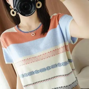 Женская элегантная трикотажная футболка в полоску контрастного цвета, Летняя Корейская мода, простой повседневный Тонкий пуловер с коротким рукавом, топы