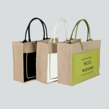 Женские сумки через плечо большой емкости из джута и хлопка, сумки-тоут, сумка для покупок с принтом Hello Weekend, Портативная многоразовая сумка для покупок