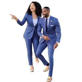 Комплект из 2 предметов для пар, мужской женский комплект, Приталенный Синий клетчатый повседневный наряд для выпускного вечера в стиле уличной моды, куртка + брюки, деловой блейзер