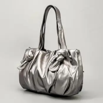 Кошелек RIBETRINI серебристо-серого металлического цвета, мягкая сумка большой емкости, завязка с бантиком