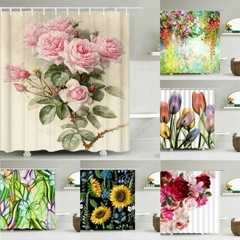 Красочные тюльпаны, розы, деревья, Занавески для душа, занавески для ванной, Натуральный цветок, водонепроницаемая полиэфирная ткань, декор для ванной дома