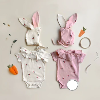 Летний комплект одежды для новорожденных девочек, комбинезон с вишневым принтом и милым кроликом, цельные вещи для новорожденных девочек