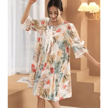 Летняя ночная рубашка с цветочным принтом, женская сексуальная хлопковая пижама, кружевное лоскутное платье с бантом, Свободное повседневное платье с круглым вырезом, Винтажная домашняя одежда
