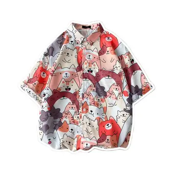 Летняя повседневная рубашка с принтом Для мужчин и женщин, Гавайи, пляжные рубашки с рисунком аниме и мультфильмов, одежда Оверсайз с цветочным рисунком в Японском стиле
