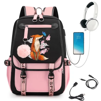 Лиса Аниме Рюкзак Сумка Школьная сумка для девочек рюкзак для подростков рюкзак с USB-портом Kawaii Рюкзак для ноутбука дорожные рюкзаки Mochila