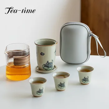 Милый Тигровый дорожный чайный набор, Анти-обжигающий Стеклянный горшок, Керамический Портативный Уличный Чайный набор, 1 Горшок, 3 Чашки, Набор для приготовления чая, Подарок для чайной церемонии