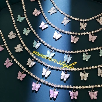 Модное блестящее ожерелье с подвеской в виде 7 бабочек для женщин, Серебряная теннисная цепочка, колье со стразами, вечерние украшения