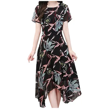 Модное Женское Длинное платье С круглым вырезом и коротким рукавом, Женское платье трапециевидной формы С Цветочным принтом, Элегантное Женское платье Vestidos Mujer #G3
