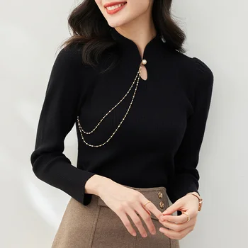 новая черная трикотажная рубашка в китайском стиле, женский свитер с длинным рукавом, осень и зима 2023, женский сексуальный топ в национальном стиле a757
