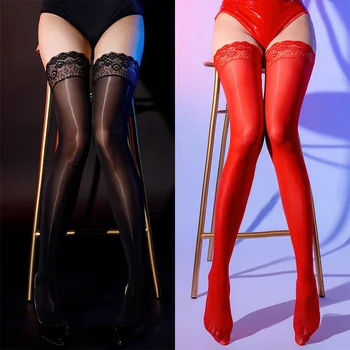 Новые глянцевые женские сексуальные высокие чулки, кружевные колготки с цветочным рисунком, Блестящие блестящие колготки, Чулки выше колена, длинные носки