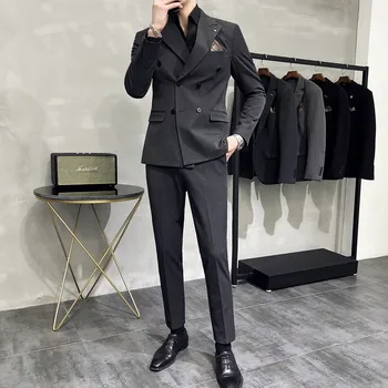 Новый S-7XL (Блейзер + брюки) Мужская мода Двубортный Джентльменский Повседневный Деловой Корейский вариант Ремонт Свадебных работ из 2 частей