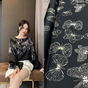 Новый черный фон, эластичная шелковая ткань из саржи с белой бабочкой, рисунок позиционирования, ткань для рубашки с высокой посадкой 50 x 140 см