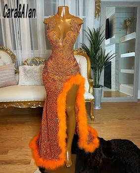 Оранжевые платья для выпускного вечера с блестками 2023, вечернее платье с разрезными перьями из страз, прозрачная шея, черные платья для вечеринок для девочек