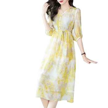Платье из натурального шелка, женская весенне-летняя одежда 2023, рукав-фонарь с уздечкой, 69328