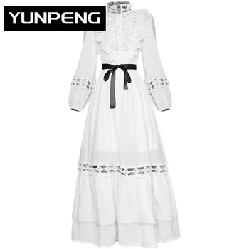 Платья для женщин 2023, Роскошная дизайнерская Осенняя взлетно-посадочная полоса, Элегантный рукав-фонарь, выдалбливают, Высокая талия, Элегантное Белое платье с поясом.